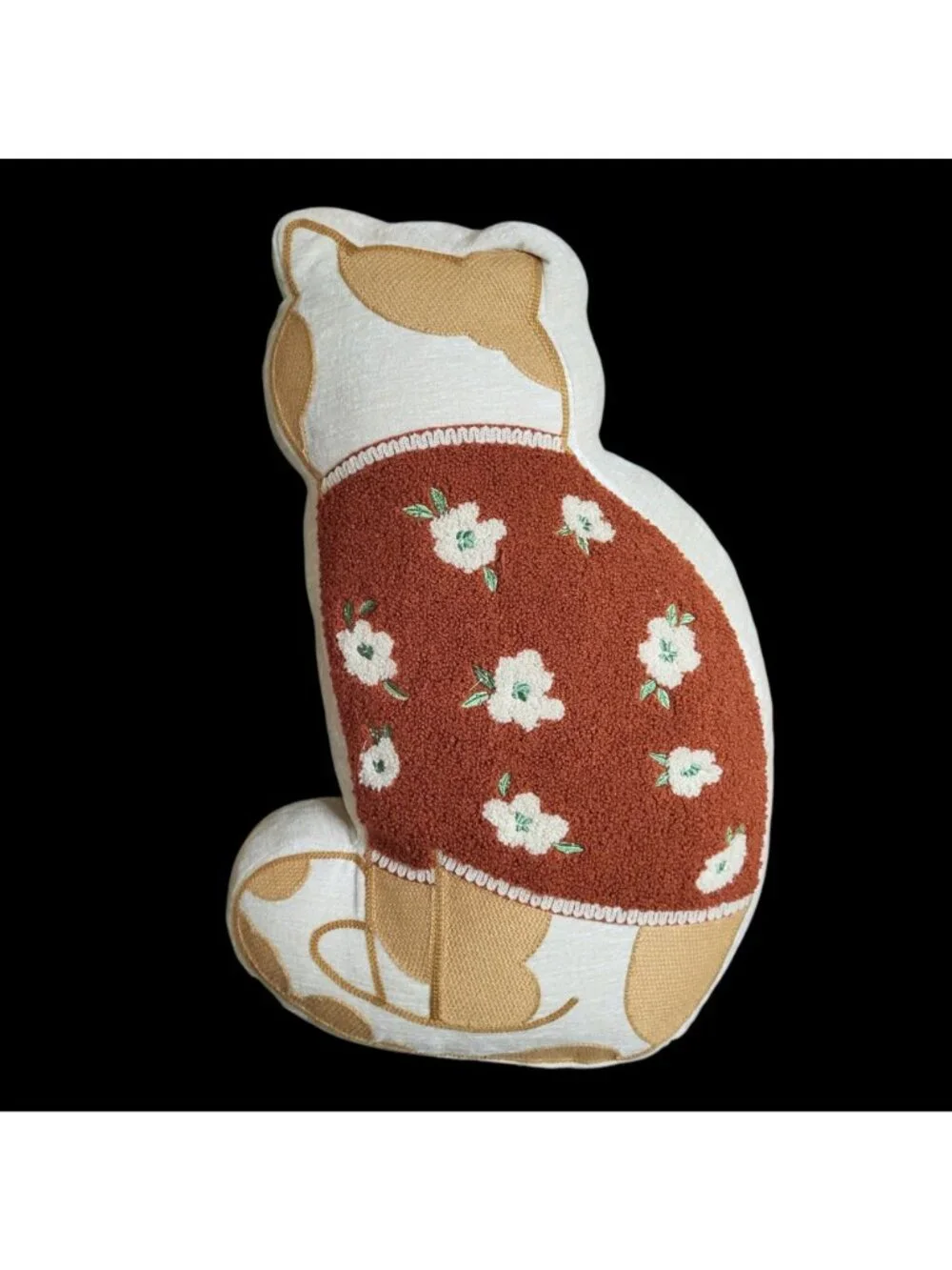 Embroidered Smiling Cat Pillow Floral 19x12x4 in